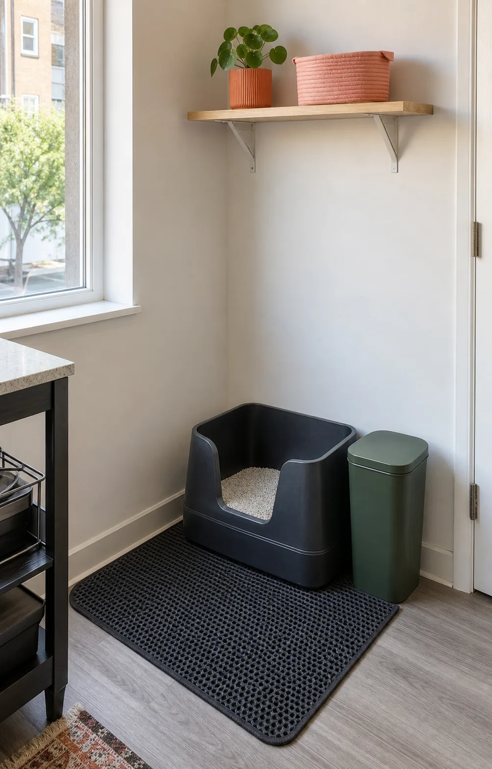 A compact apartment litter setup with a high-sided box, mat and sealed waste bin